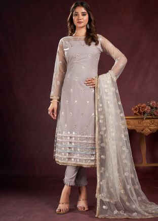 Mauve Purple Embellished Pant Suit In Net