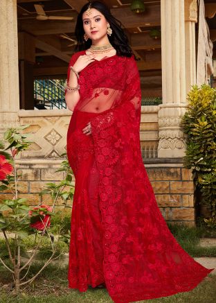 Red Embroidered Net Saree & Blouse