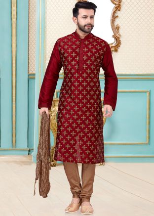 Red Readymade Embroidered Kurta With Churidar