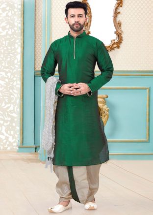 Green Dupion Silk Readymade Kurta With Dhoti