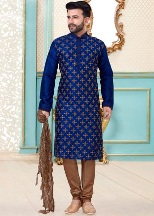 Blue Readymade Embroidered Kurta With Churidar