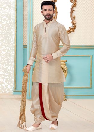 Cream Readymade Dupion Silk Kurta With Dhoti for Men Online Panash India USA
