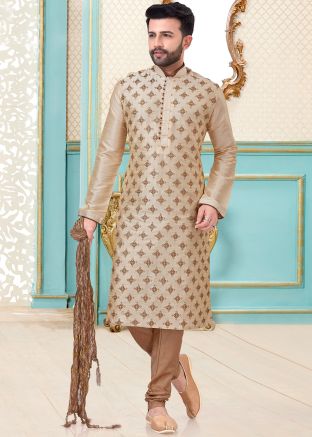 Beige Embroidered Readymade Kurta With Churidar