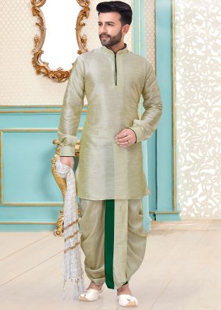 Green Dupion Silk Readymade Kurta with Dhoti for Men Online Panash India