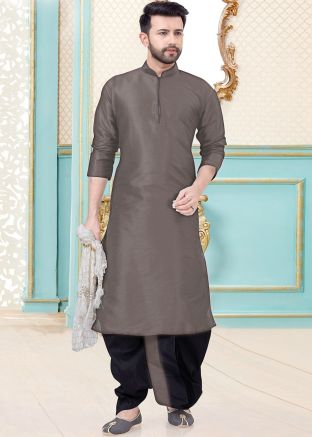 Grey Dupion Silk Readymade Kurta Dhoti Set