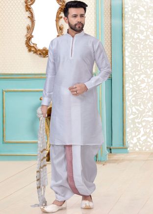 White Dupion Silk Readymade Kurta Dhoti Set
