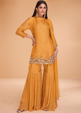 Light Orange Embroidered Organza Gharara Suit