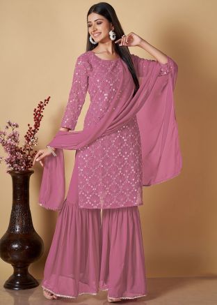 Pink Readymade Embroidered Gharara Suit In Georgette