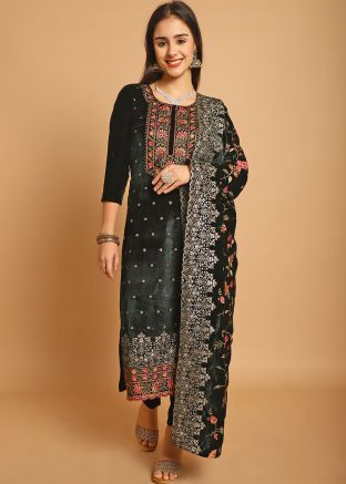 Black Embroidered Pant Suit Set In Velvet