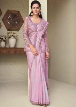 Purple Sequins Embroidered Saree In Silk