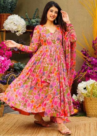 Pink Readymade Floral Print Anarkali Suit