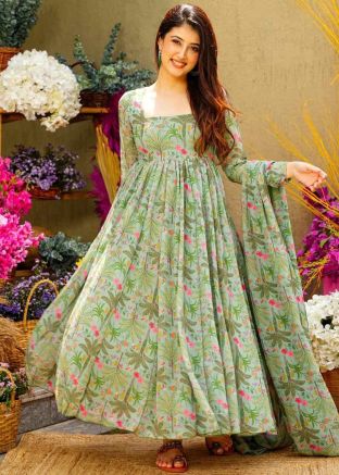 Green Readymade Anarkali Suit In Floral Print