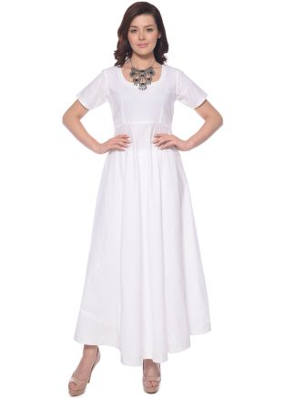 White Readymade Flared Dress In Cotton