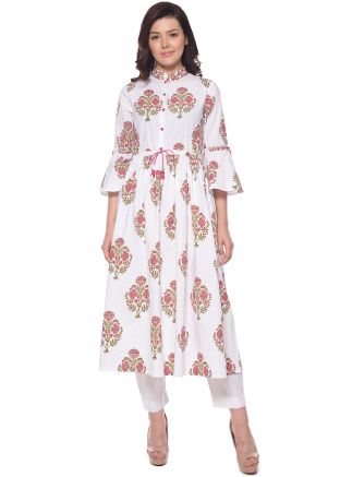 Floral Block Printed White Bell Sleeved Kurta