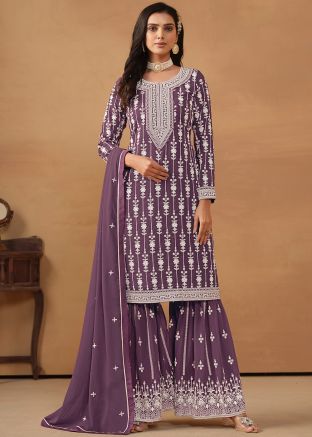 Purple Gharara Suit Set In Thread Embroidery