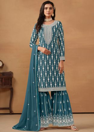 Teal Blue Thread Embroidered Gharara Suit