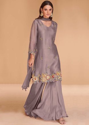 Mauve Purple Embroidered Gharara Suit & Dupatta