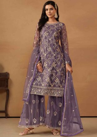 Purple Embroidered Gharara Suit Set In Net