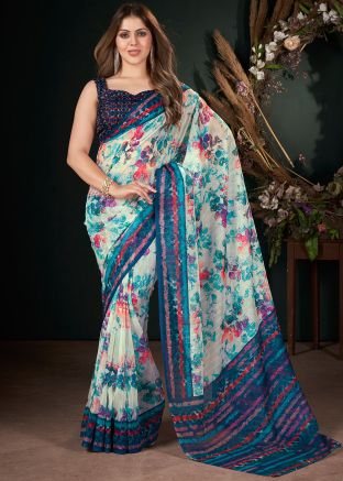 Blue Digital Printed Art Silk Saree