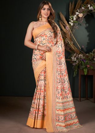 Orange Digital Printed Art Silk Saree