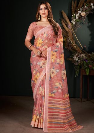 Peach Art Silk Saree In Digital Print