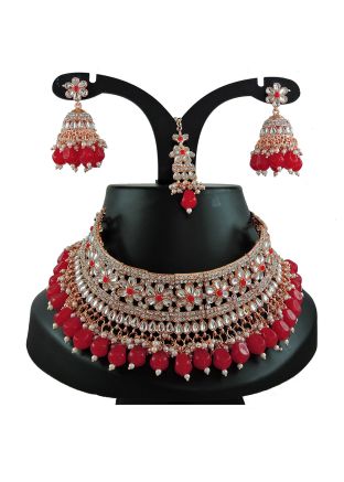 Kundan Studded Necklace Set In Red