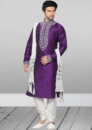 Purple Readymade Embroidered Kurta With Churidar