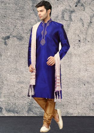 Blue Readymade Dupion Silk Kurta With Churidar