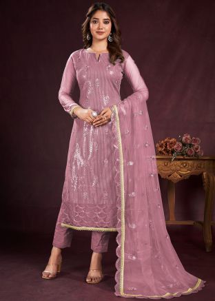 Pink Sequins Embellished Pant Suit In Net