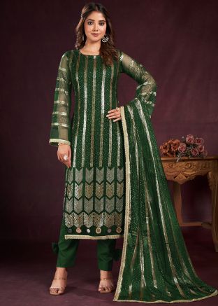 Bottle Green Sequins Embellished Pant Suit