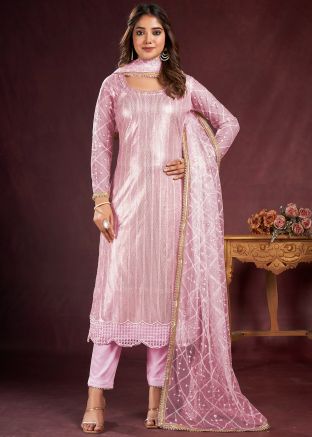 Pink Sequins Work Net Pant Suit Set