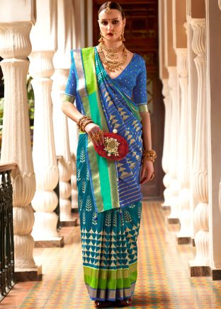 Blue Art Silk Saree In Printed Work