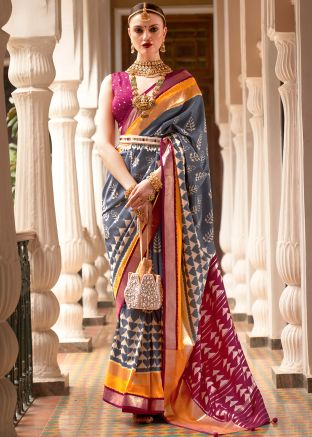 Grey Zari Woven Saree In Art Silk
