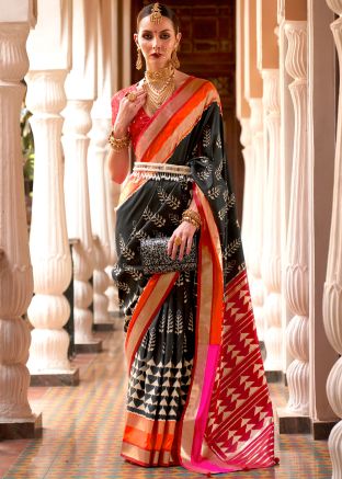 Black Printed Saree In Art Silk