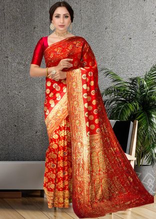 Red Stone work Saree In Kanjivaram Silk