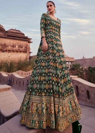 Green Readymade Embroidered Georgette Anarkali Suit
