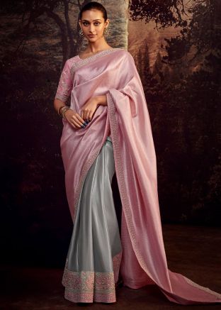 Pink & Grey Embroidered Half N Half Saree
