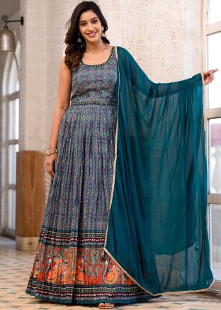Readymade Teal Blue Printed Art Silk Anarkali Suit