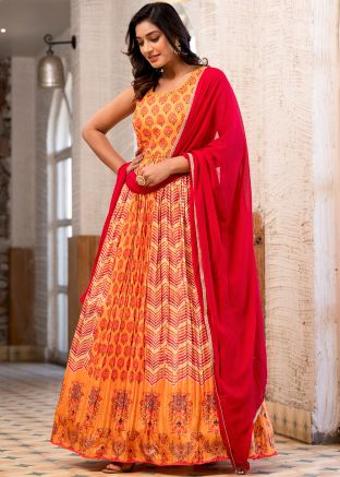 Readymade Yellow Printed Anarkali Suit In Art Silk
