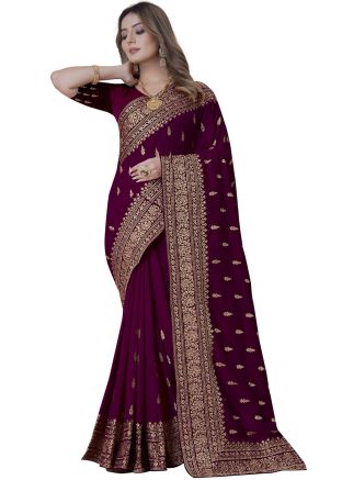 Purple Embroidered Art Silk Saree