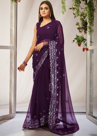Purple Georgette Saree In Sequins Embroidery