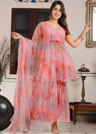 Pink Readymade Tie-Dye Printed Flared Style Gharara Suit  In Chiffon