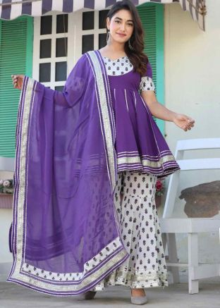 Purple Readymade Printed Flared Style Cotton Gharara Suit