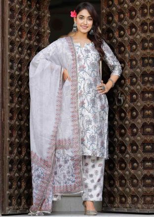 White Readymade Digital Printed Satin Pant Suit Set