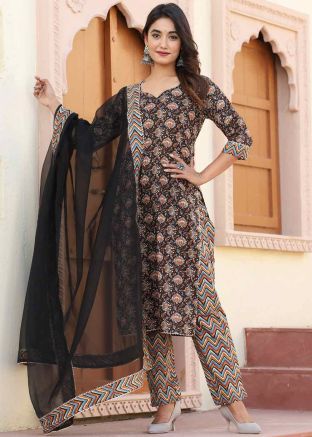 Black Readymade Digital Printed Cotton Pant Suit 