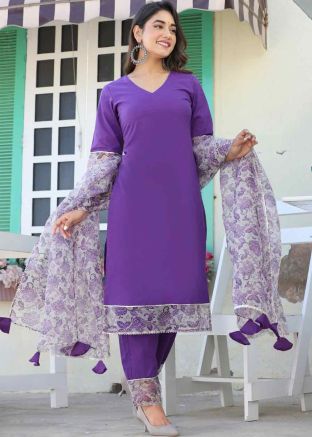 Purple Readymade Plain Pant Suit In Cotton