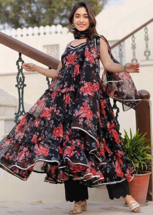 Black Digital Printed Readymade Organza Anarkali Suit
