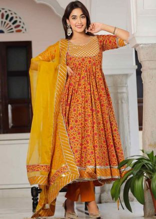Orange Digital Printed Readymade Cotton Anarkali Suit