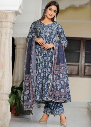 Readymade Digital Printed Cotton Anarkali Suit In Blue