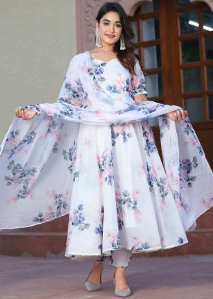 White Readymade Digital Printed Anarkali Suit Set In Organza